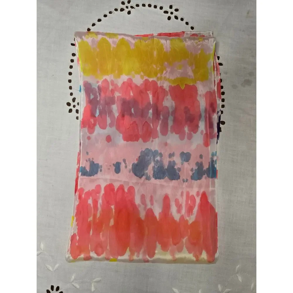 Coral Pink Watercolor 100% Silk Scarf Purple Yellow Artsy Boho Resort 52x8